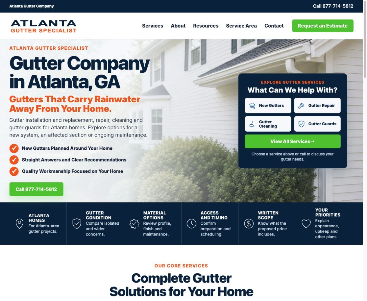 Atlanta Gutter Specialist homepage showing the service and market, service chooser, and call and estimate actions
