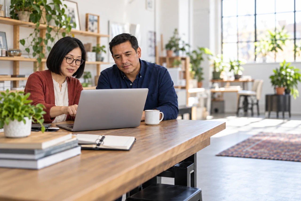 Two business partners reviewing a laptop in a bright office