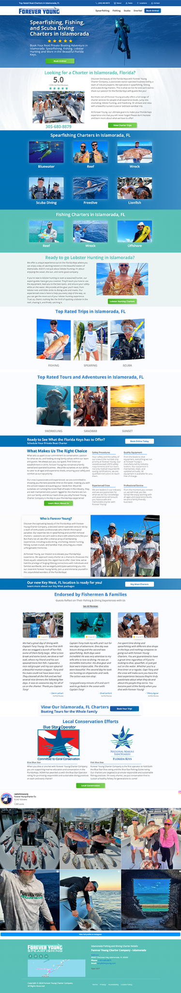 Historical Forever Young website showing spearfishing, fishing, and scuba charter services