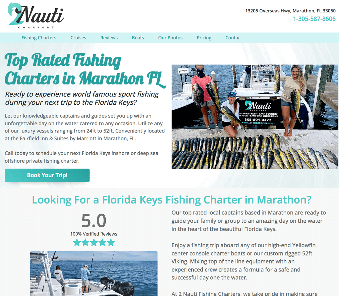 Actual 2 Nauti Charters website project with blue ocean imagery and charter information