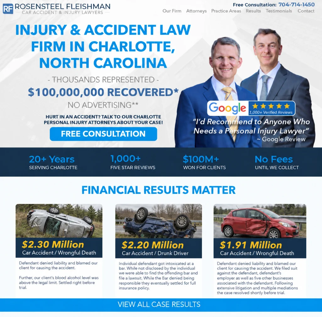 Rosensteel Fleishman website draft showing the firm’s attorneys, consultation information, and case results