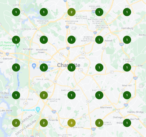 Historical local ranking map around Charlotte showing mostly first-place results for the search Car Accident Lawyer Charlotte