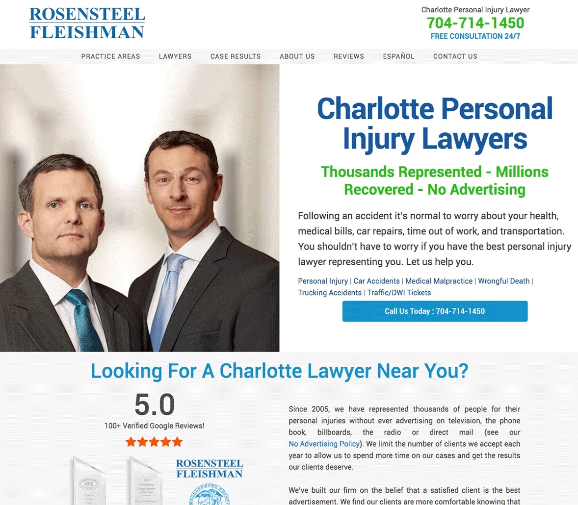 Archived Rosensteel Fleishman website with attorney portraits, service information and a contact button