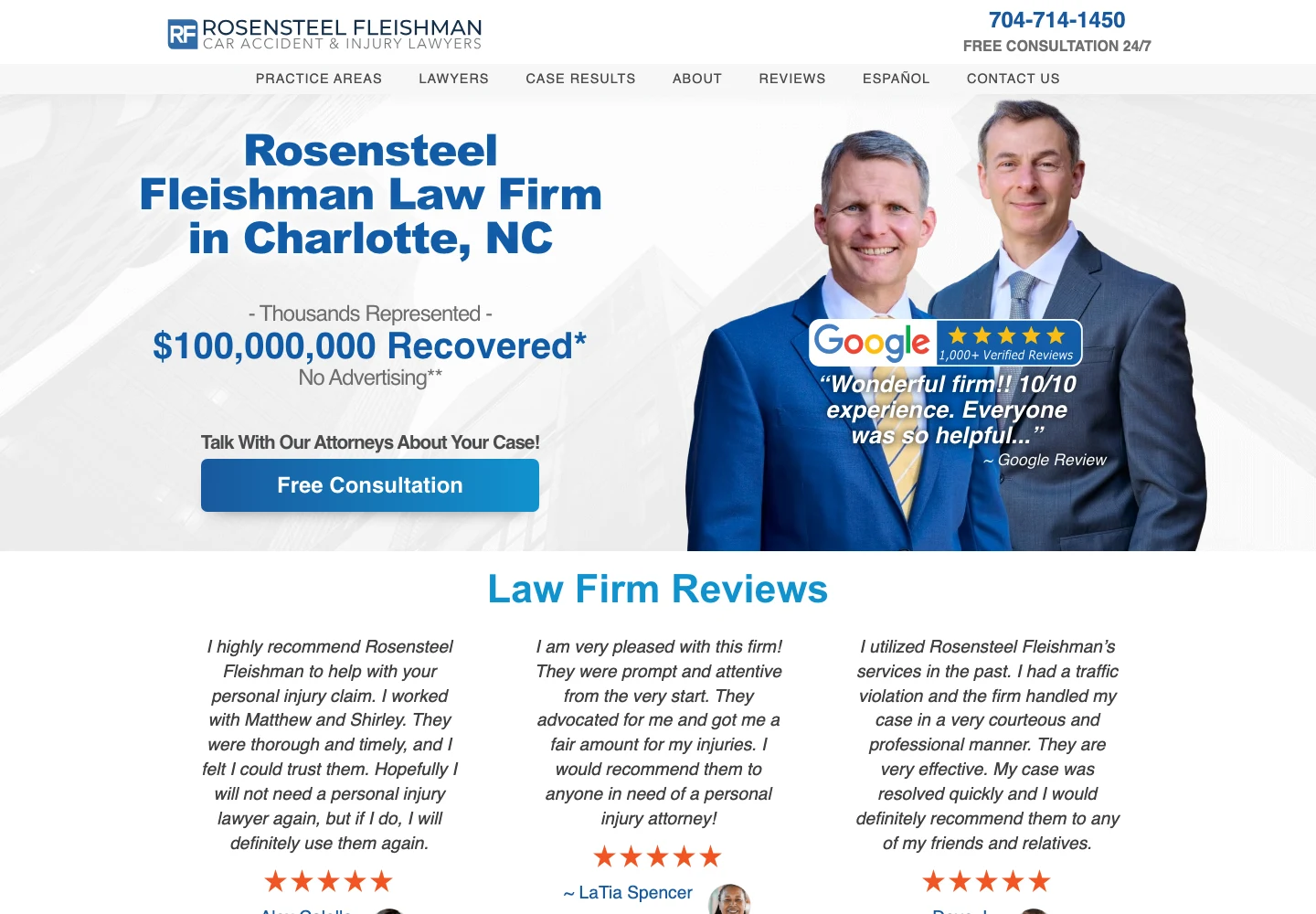 Rosensteel Fleishman desktop website with attorney portraits, navigation, and a consultation button