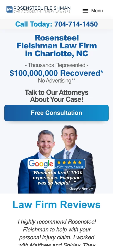 Rosensteel Fleishman mobile website with a menu button, consultation option, and attorney portraits